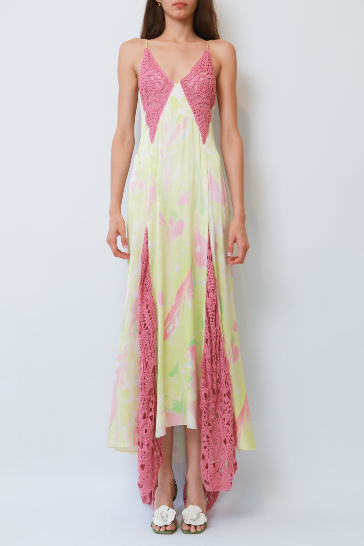 Marbled Print Crochet-Inset Slip Maxi Dress