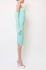 Mint Ruched Strapless Midi Dress with Matching Long Gloves