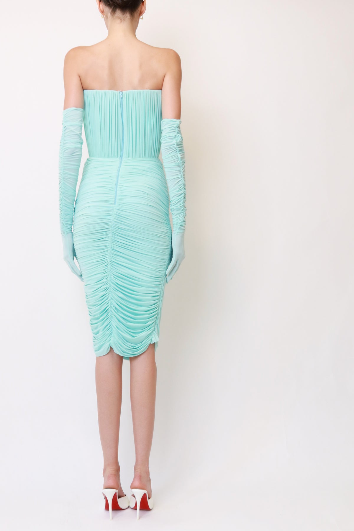 Mint Ruched Bustier Midi Dress with Matching Gloves