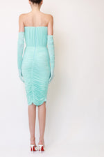 Mint Ruched Strapless Midi Dress with Matching Long Gloves