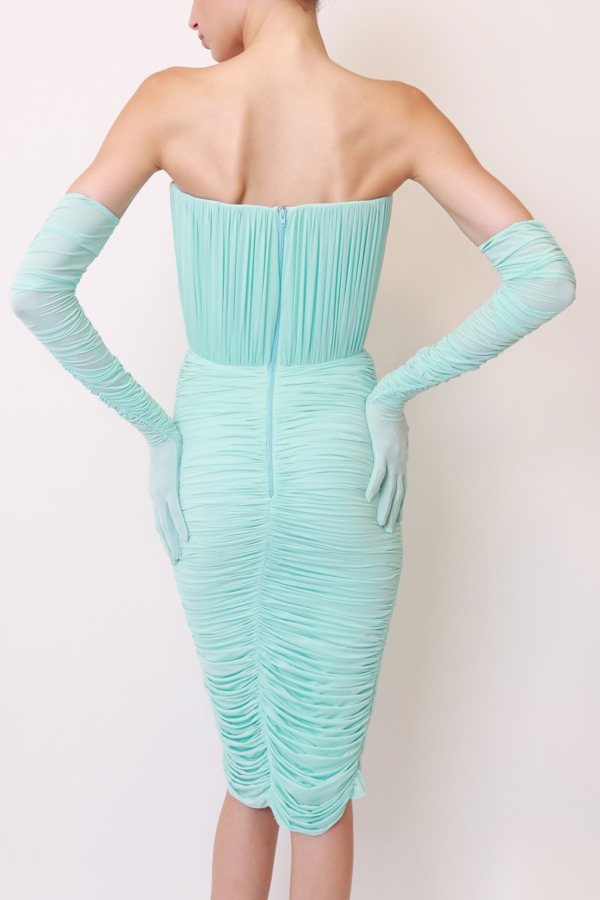 Mint Ruched Bustier Midi Dress with Matching Gloves