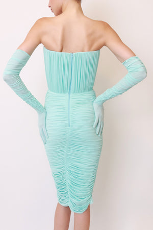 Mint Ruched Bustier Midi Dress with Matching Gloves