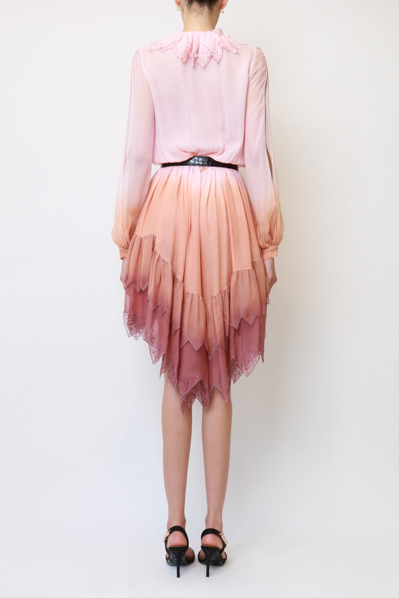 Ombre Silk Chiffon Ruffle-Neck Handkerchief Hem Dress