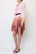 Ombre Silk Chiffon Ruffle-Neck Handkerchief Hem Dress