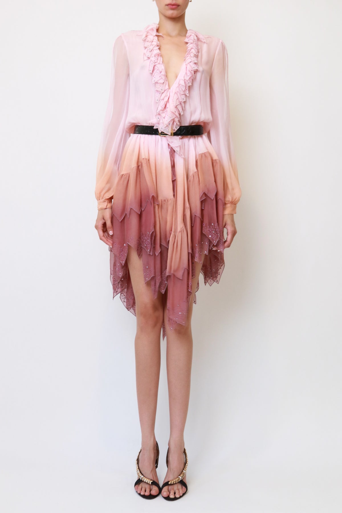 Ombre Silk Chiffon Ruffle-Neck Handkerchief Hem Dress