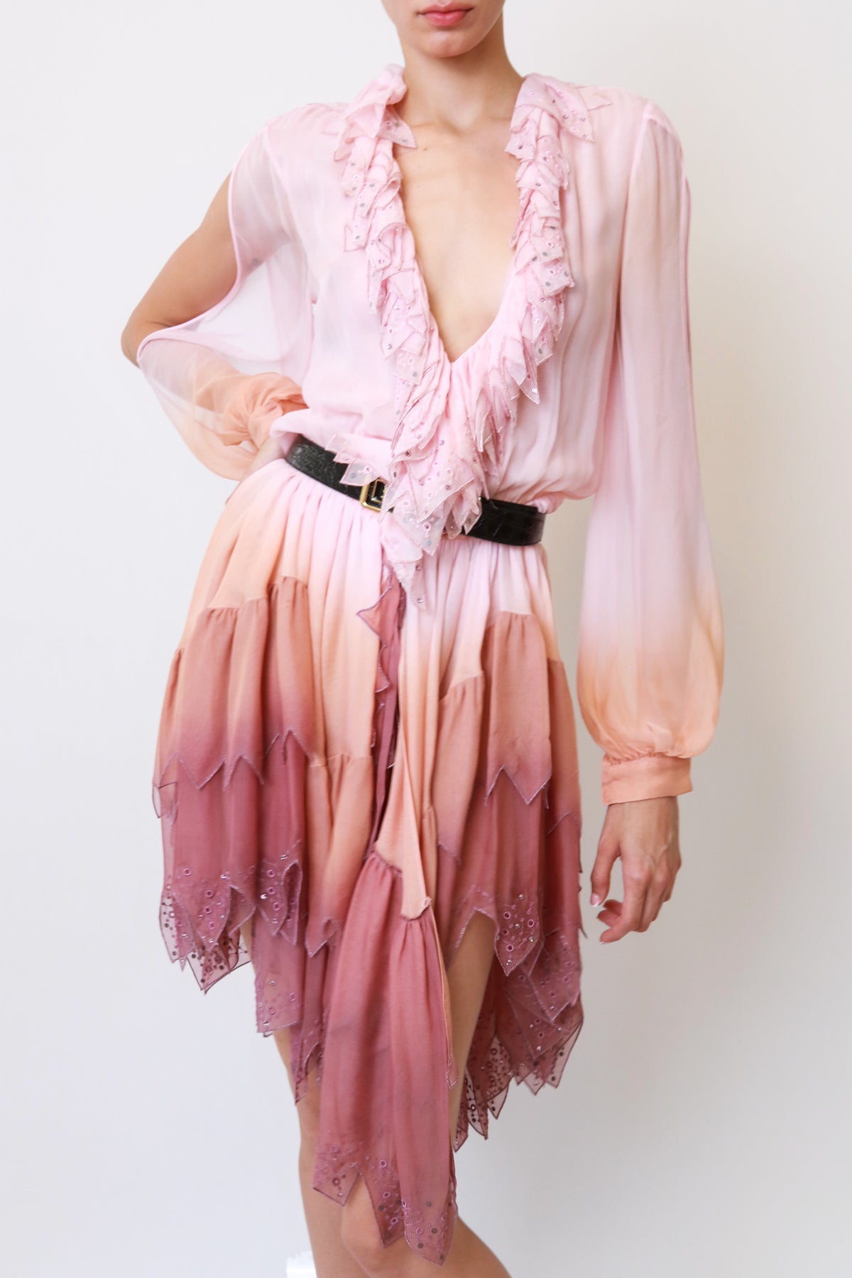 Ombre Silk Chiffon Ruffle-Neck Handkerchief Hem Dress