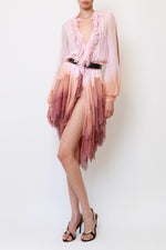 Ombre Silk Chiffon Ruffle-Neck Handkerchief Hem Dress