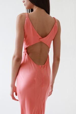 Vintage Peach Satin Beaded Cowl-Neck Gown