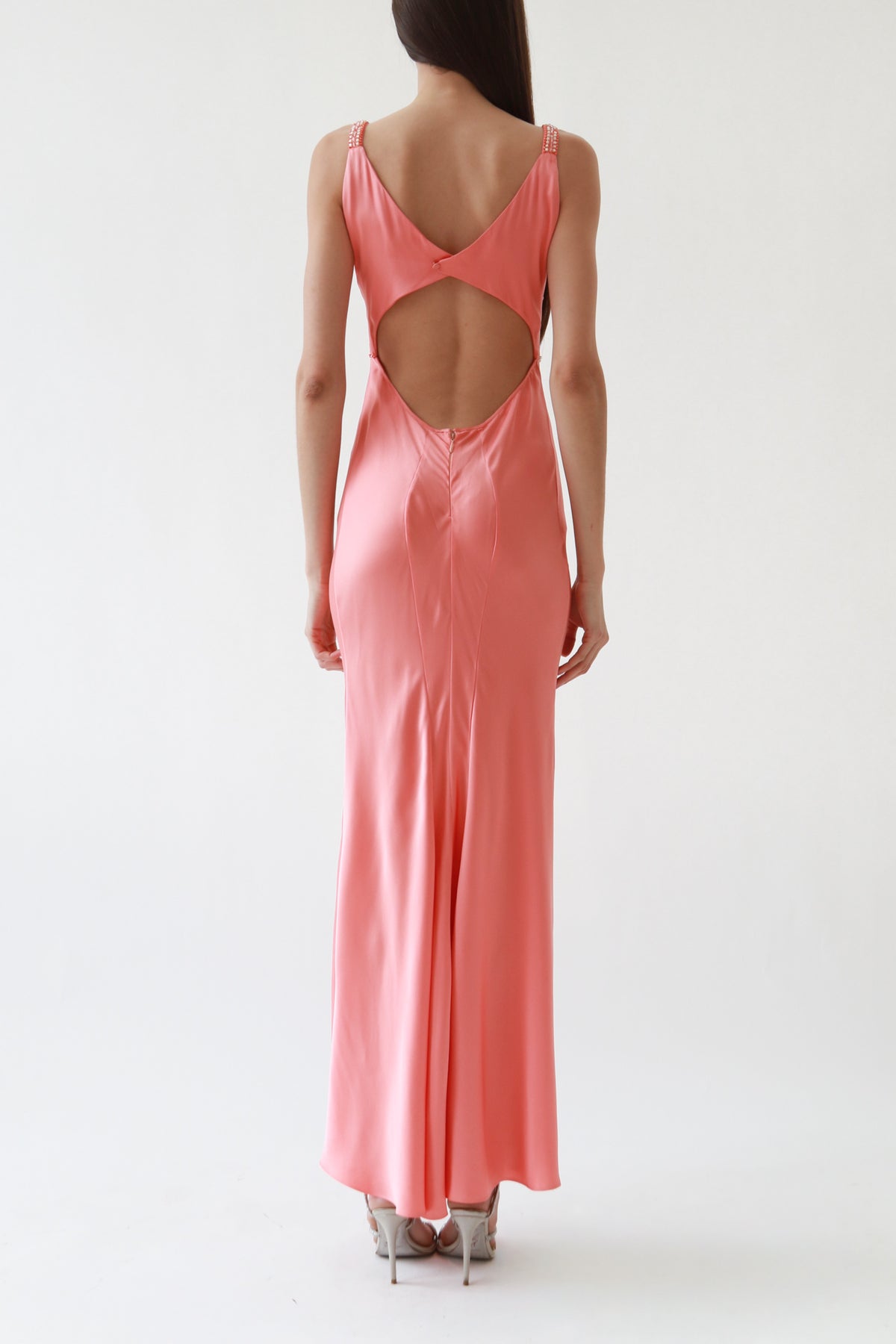 Vintage Peach Satin Beaded Cowl-Neck Gown