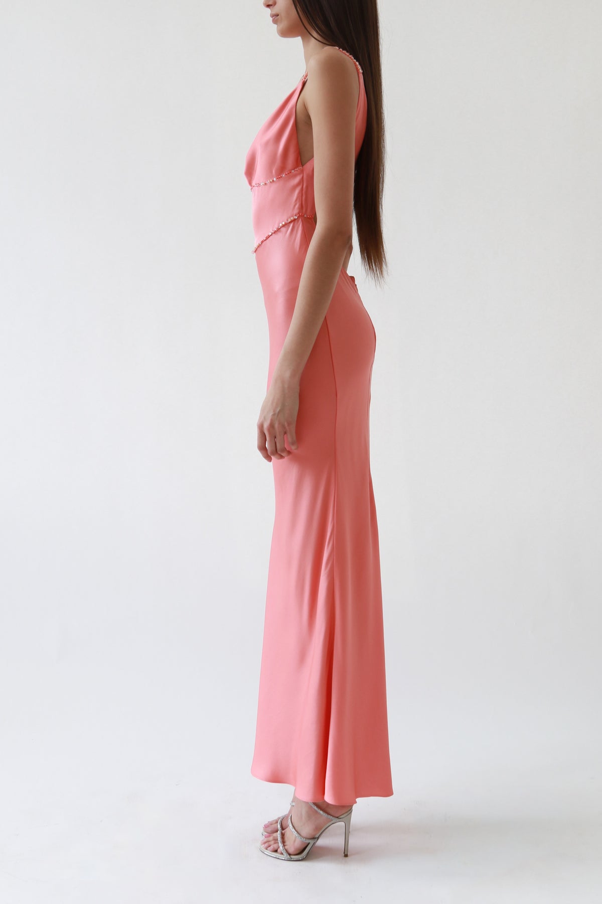 Vintage Peach Satin Beaded Cowl-Neck Gown