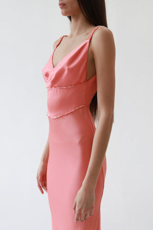Vintage Peach Satin Beaded Cowl-Neck Gown