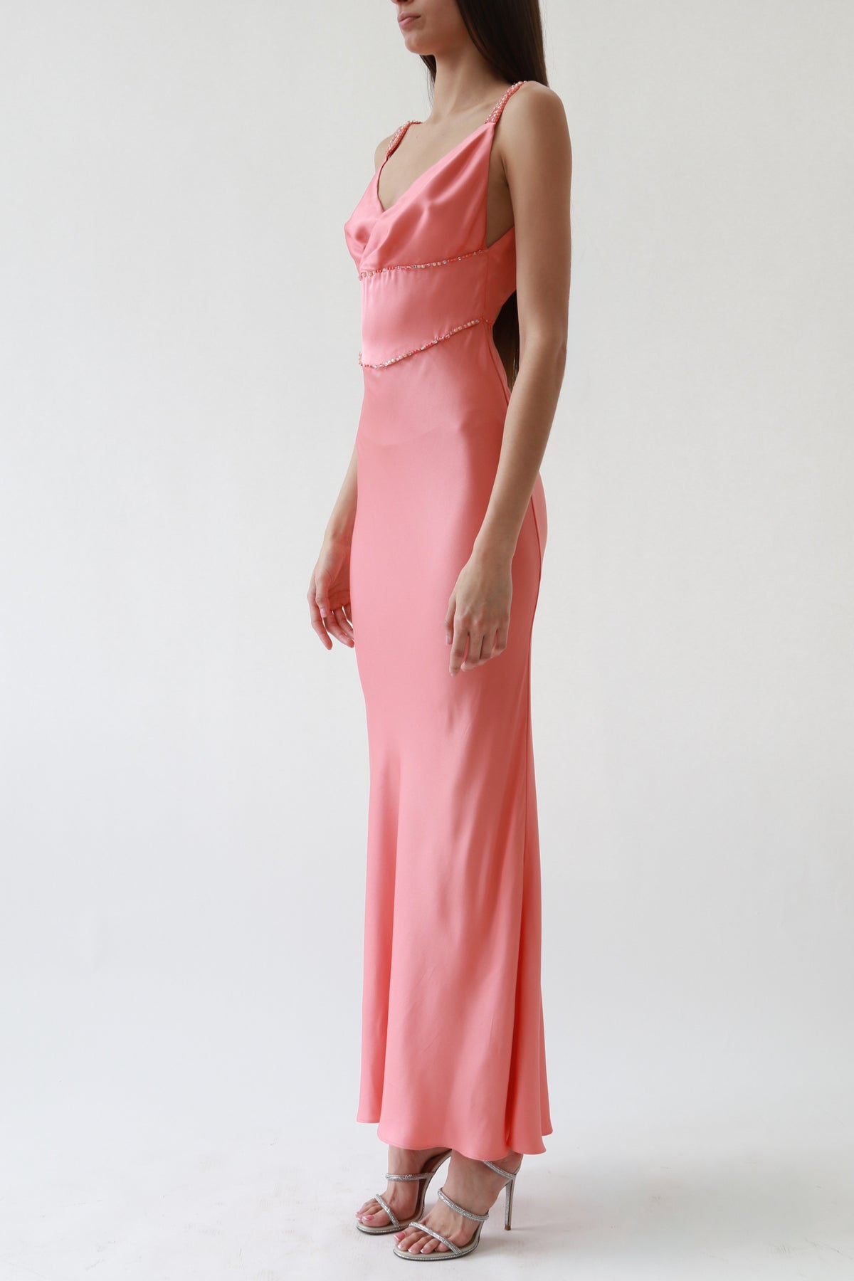Vintage Peach Satin Beaded Cowl-Neck Gown