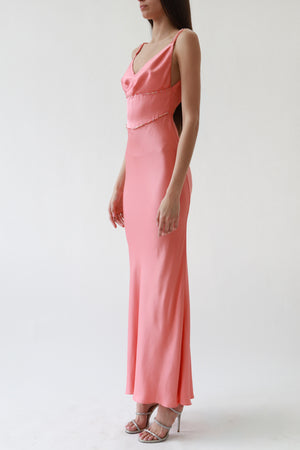 Vintage Peach Satin Beaded Cowl-Neck Gown