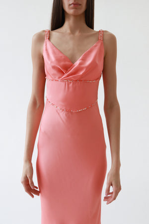 Vintage Peach Satin Beaded Cowl-Neck Gown