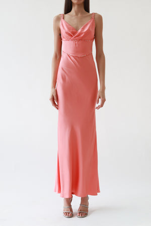 Vintage Peach Satin Beaded Cowl-Neck Gown