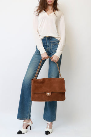 Chanel Maxi "Souplissimo" Large Flap Bag Camel Suede Gold Hardware