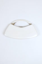 Back view of Christian Dior White Bondage Patent Leather Mini Bag with Silver Hardware and Bondage Buckle Clip Details