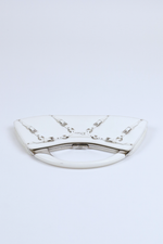 Top down view of Christian Dior White Bondage Patent Leather Mini Bag with Silver Hardware and Bondage Buckle Clip Details