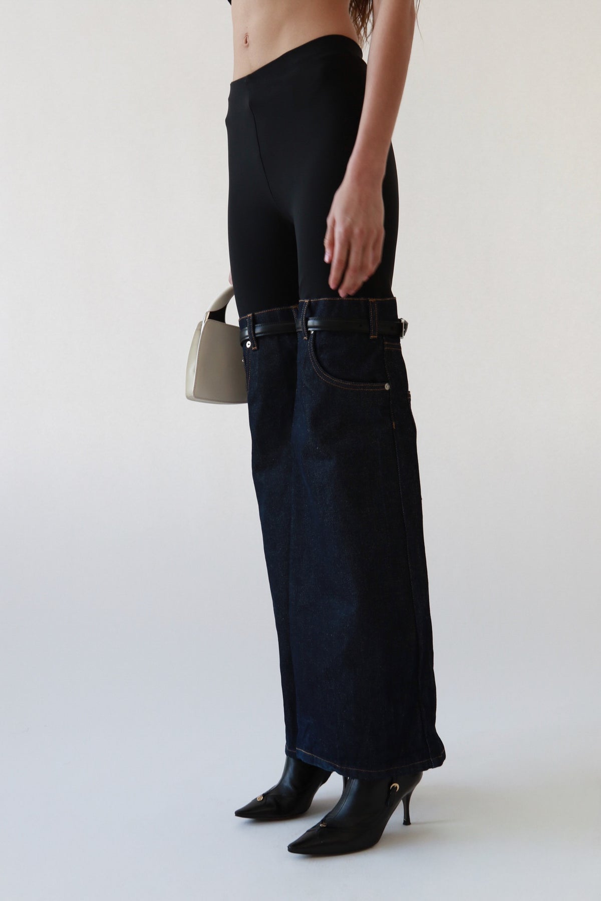 Stirrup Denim-Panel Pants