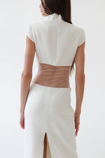 Ivory Sheer-Cutout Mock Neck Column Gown