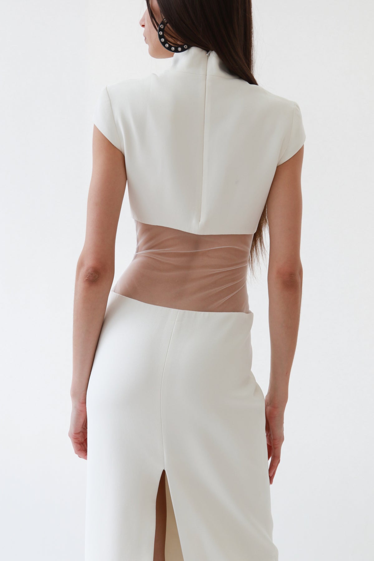 Ivory Sheer-Cutout Mock Neck Column Gown