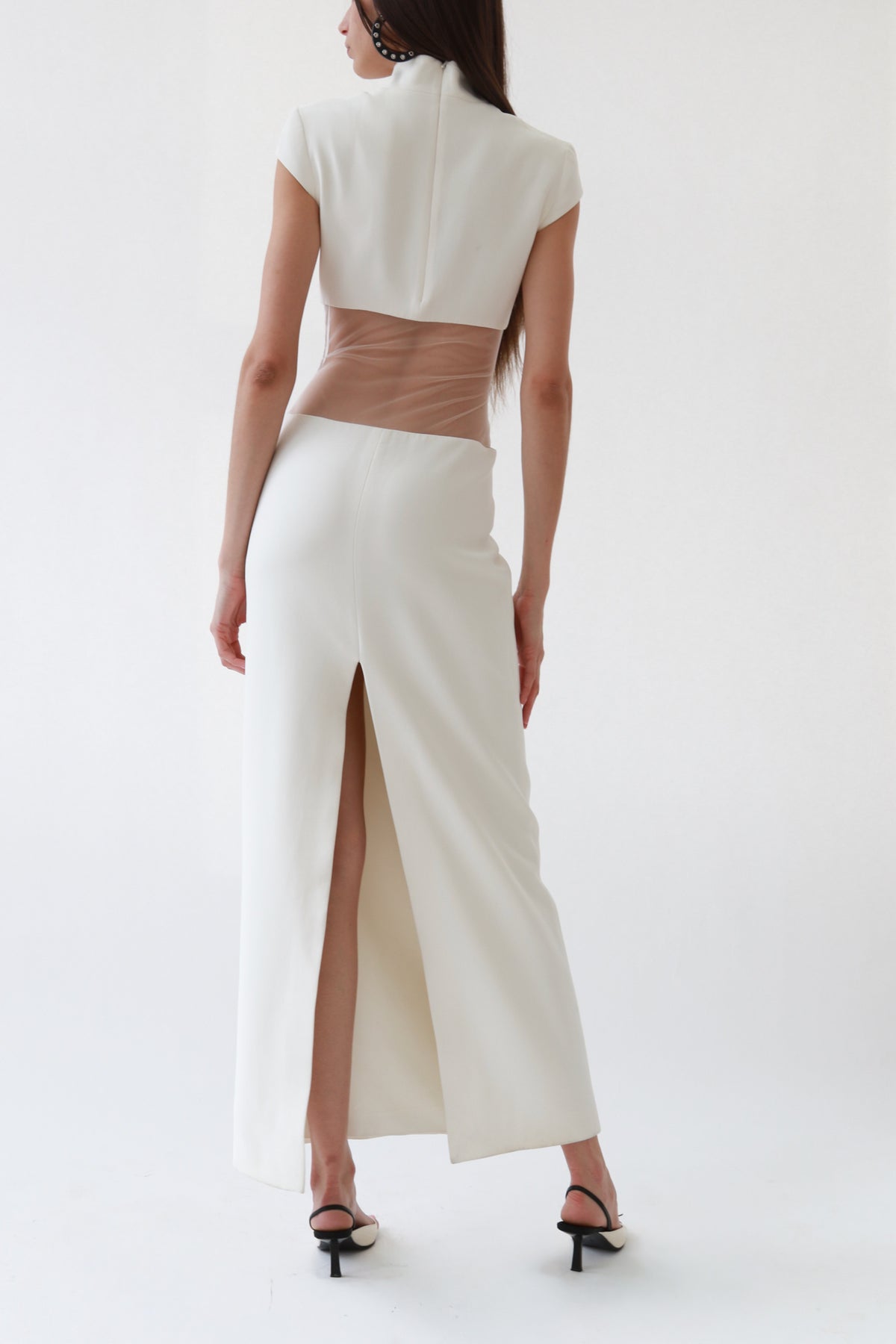 Ivory Sheer-Cutout Mock Neck Column Gown