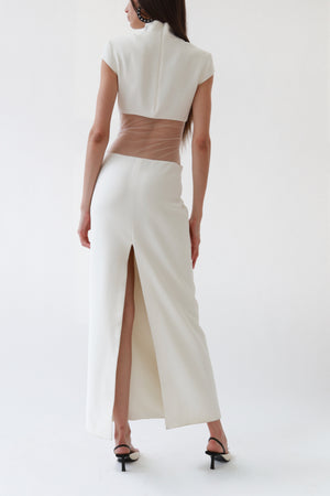 Ivory Sheer-Cutout Mock Neck Column Gown