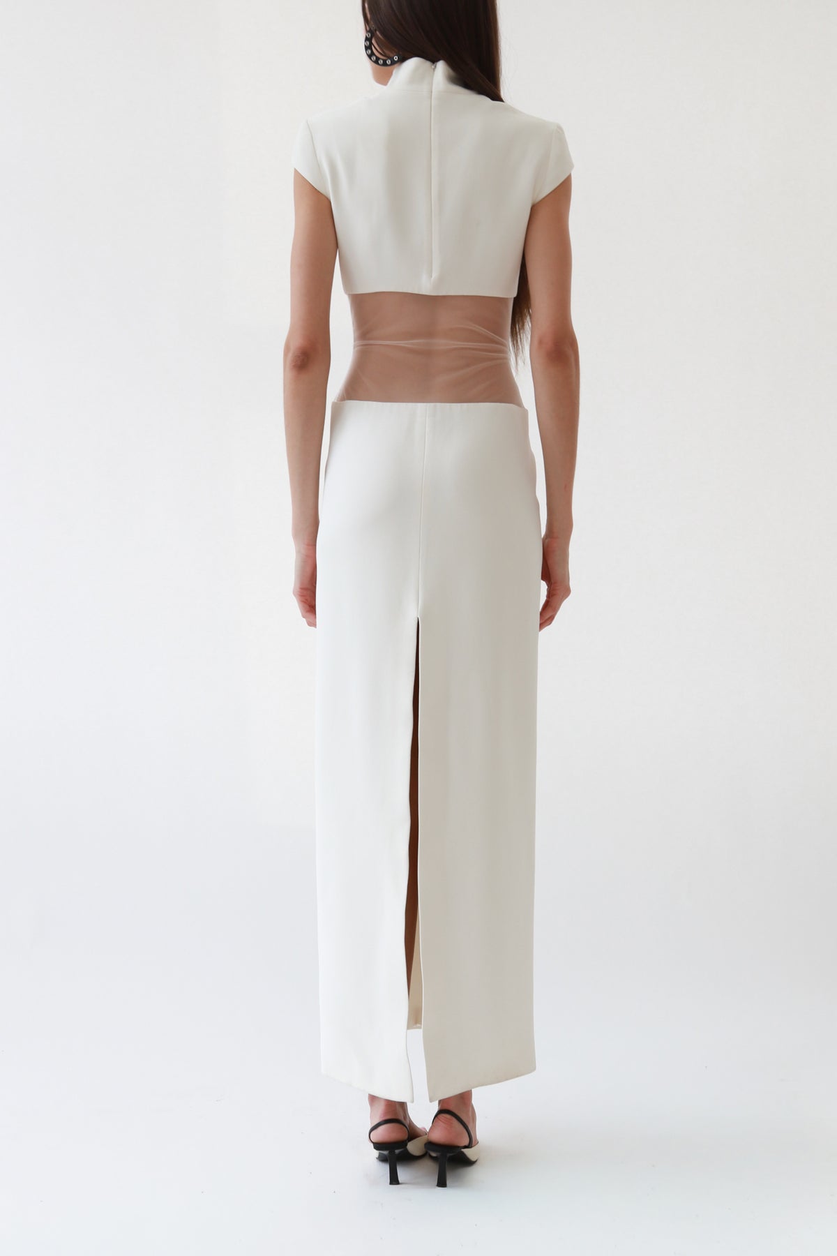 Ivory Sheer-Cutout Mock Neck Column Gown