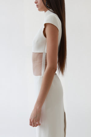 Ivory Sheer-Cutout Mock Neck Column Gown
