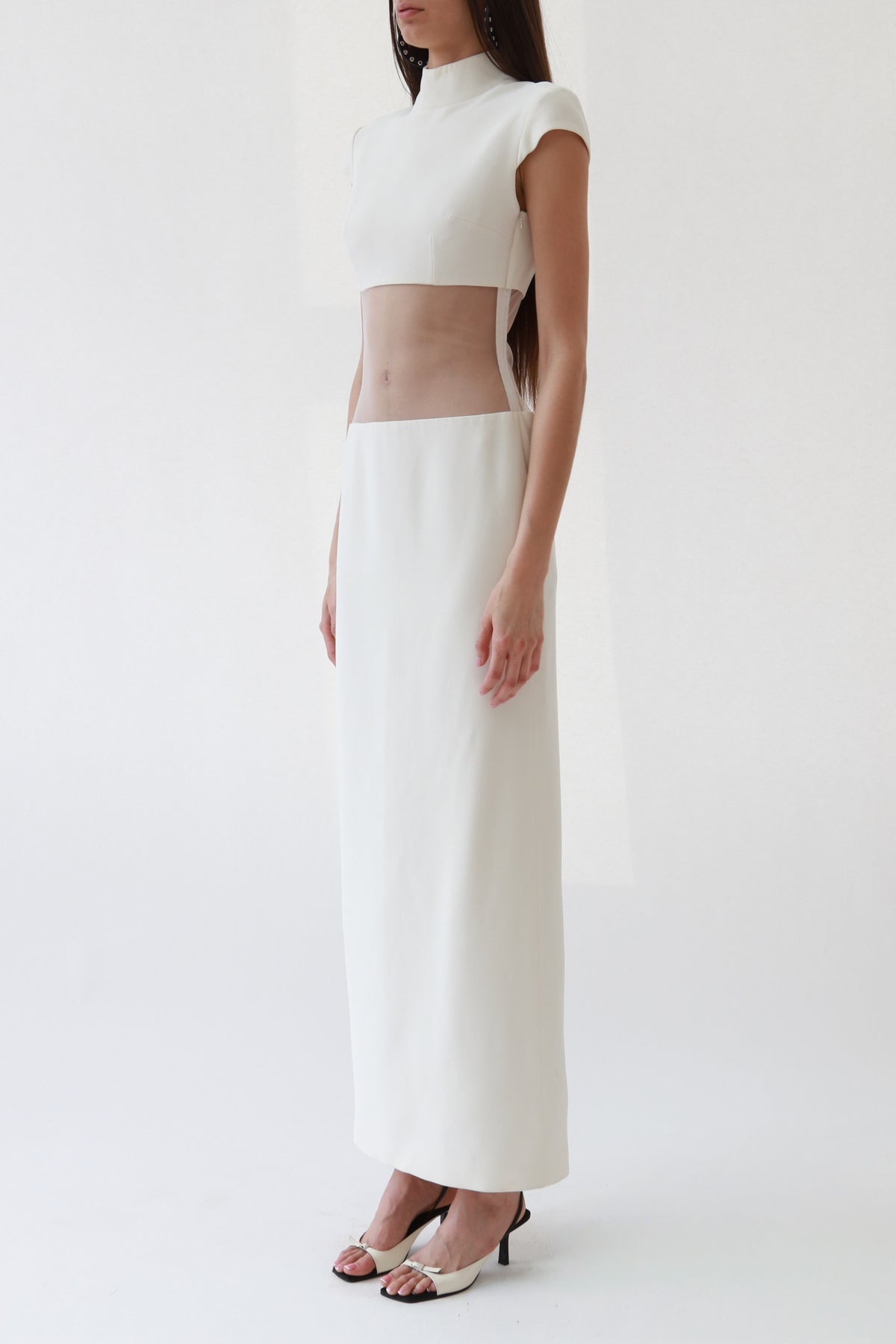 Ivory Sheer-Cutout Mock Neck Column Gown