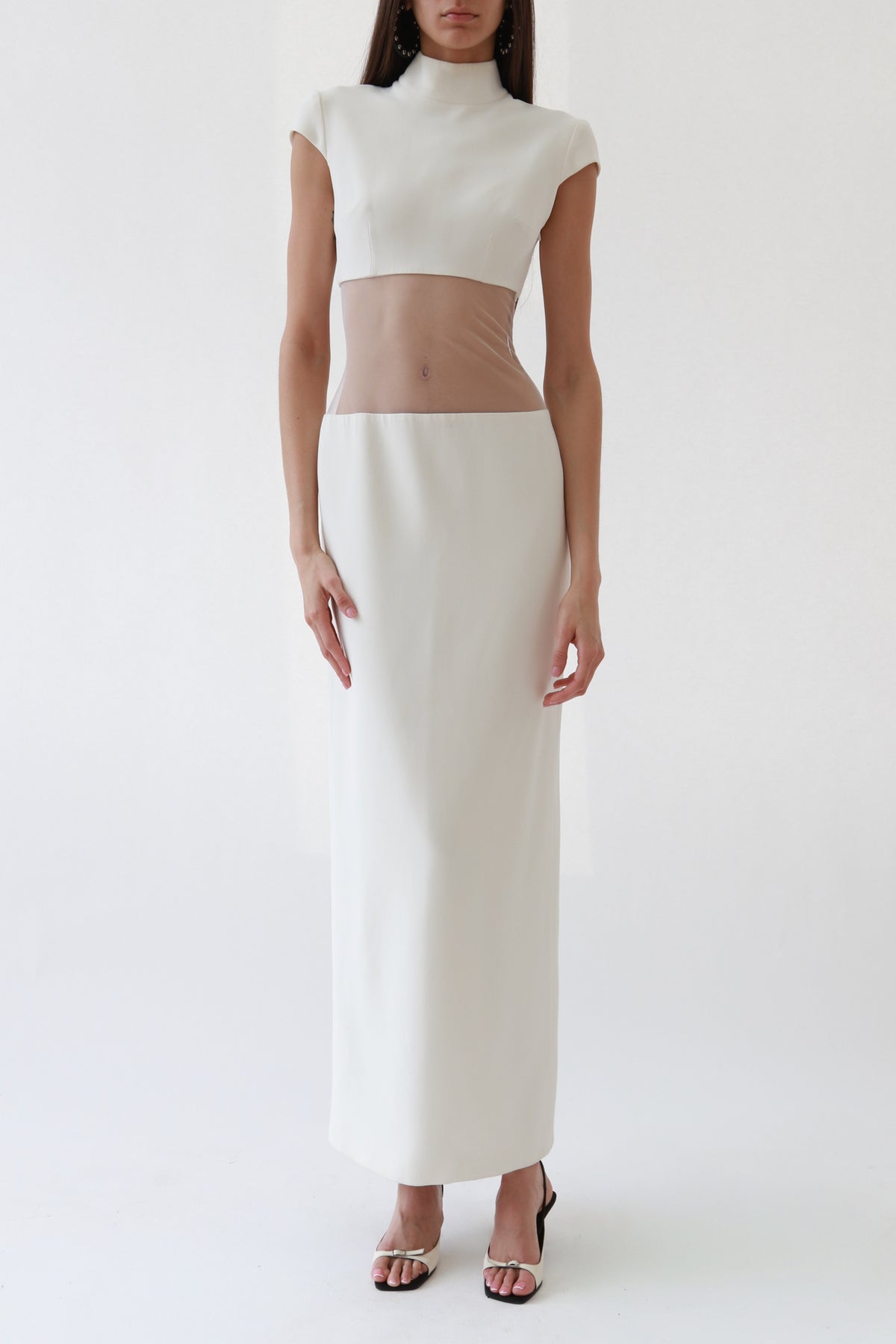 Ivory Sheer-Cutout Mock Neck Column Gown