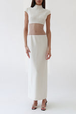 Ivory Sheer-Cutout Mock Neck Column Gown