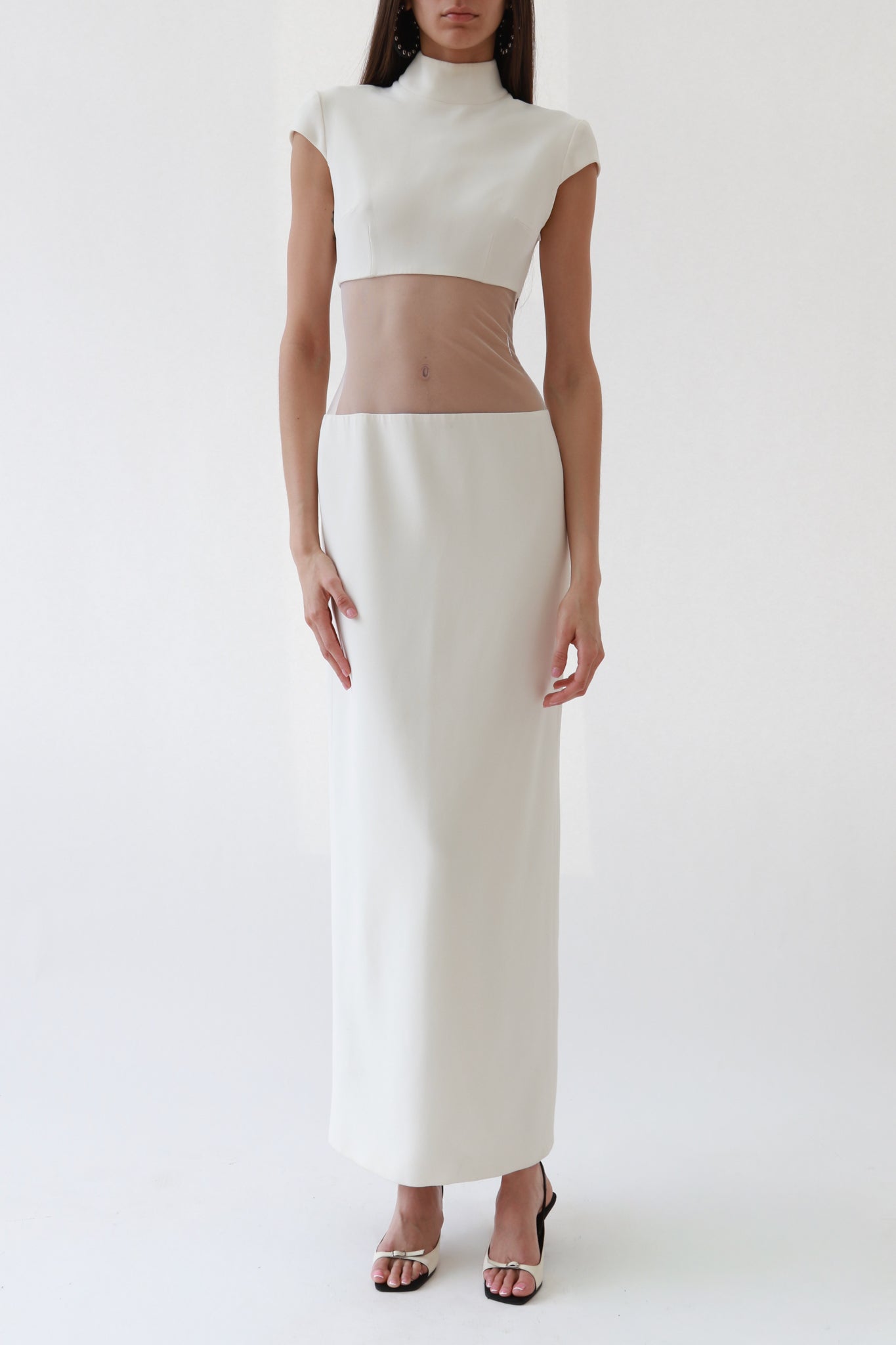Ivory Sheer-Cutout Mock Neck Column Gown