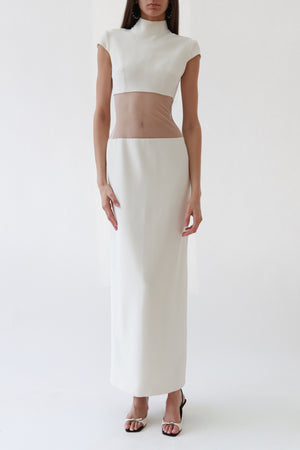 Ivory Sheer-Cutout Mock Neck Column Gown