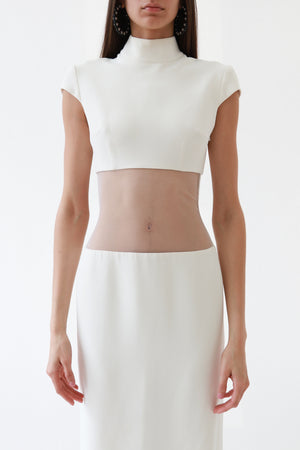 Ivory Sheer-Cutout Mock Neck Column Gown