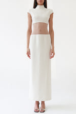 Ivory Sheer-Cutout Mock Neck Column Gown