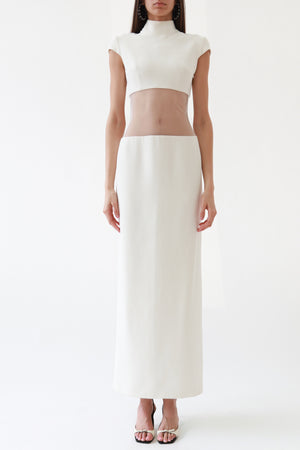 Ivory Sheer-Cutout Mock Neck Column Gown