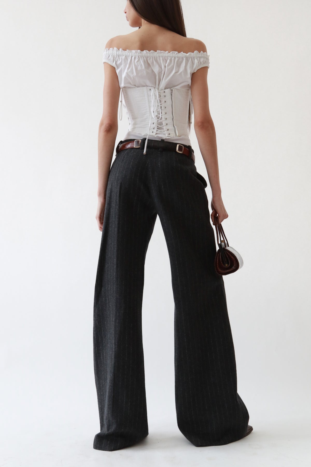 Grey Wool Pinstripe Wide-Leg Trousers