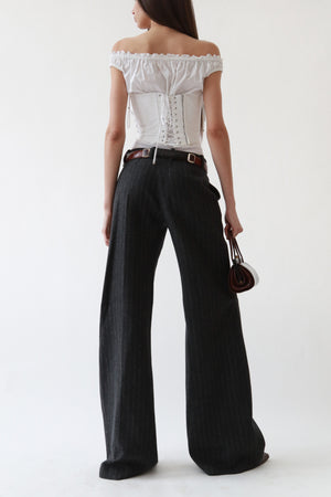 Grey Wool Pinstripe Wide-Leg Trousers