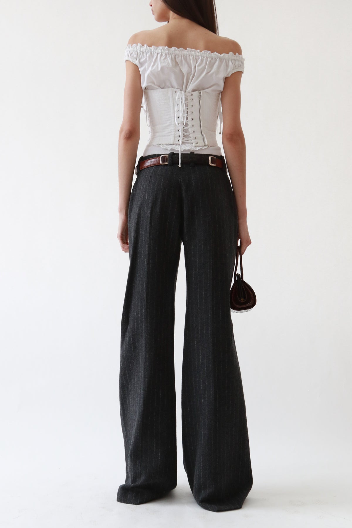 Grey Wool Pinstripe Wide-Leg Trousers