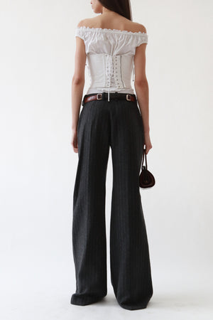Grey Wool Pinstripe Wide-Leg Trousers