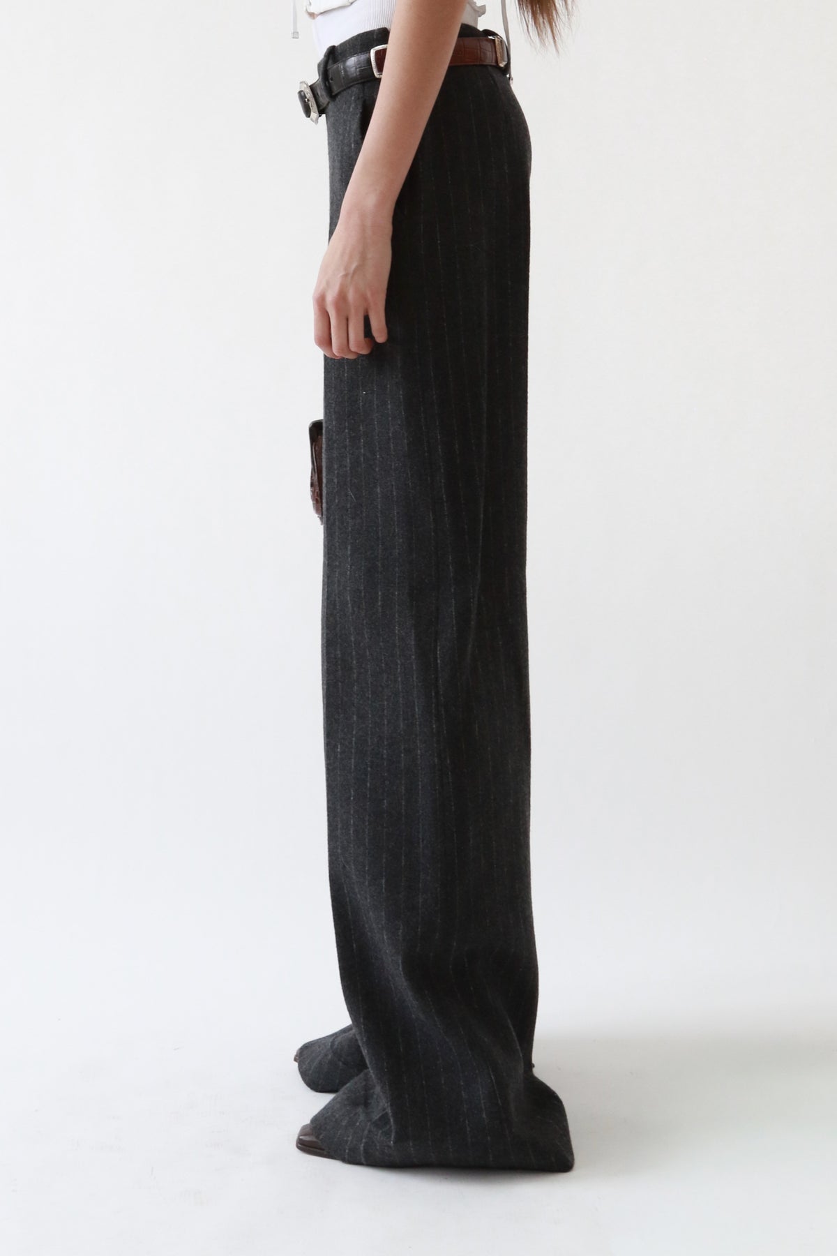 Grey Wool Pinstripe Wide-Leg Trousers