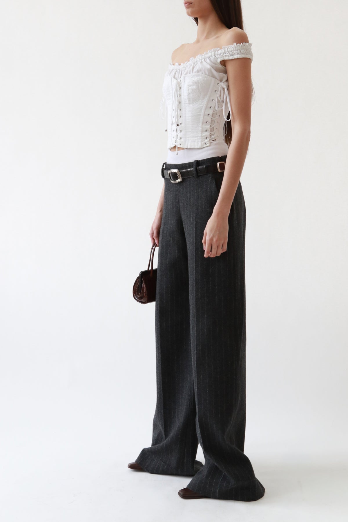 Grey Wool Pinstripe Wide-Leg Trousers