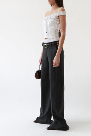 Grey Wool Pinstripe Wide-Leg Trousers