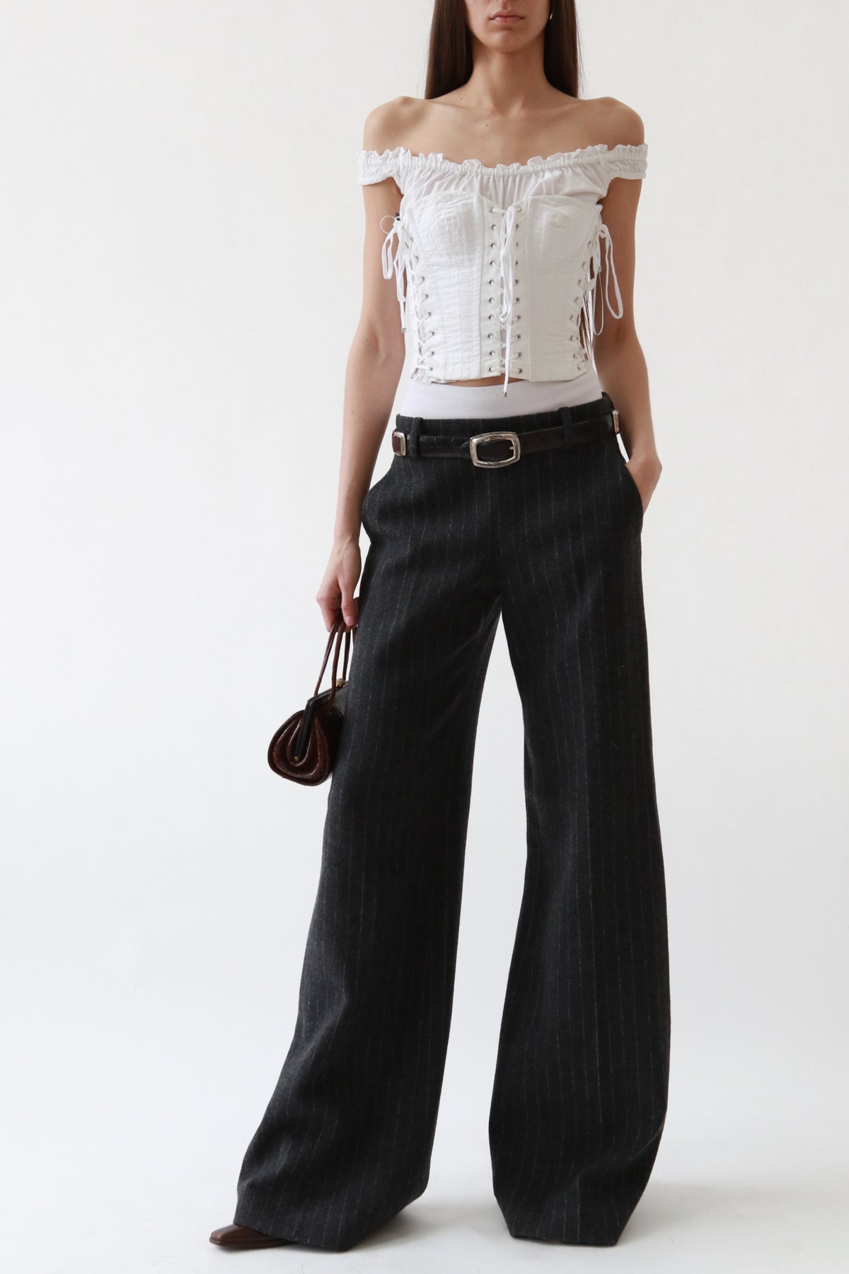 Grey Wool Pinstripe Wide-Leg Trousers