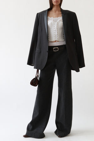Grey Wool Pinstripe Wide-Leg Trousers