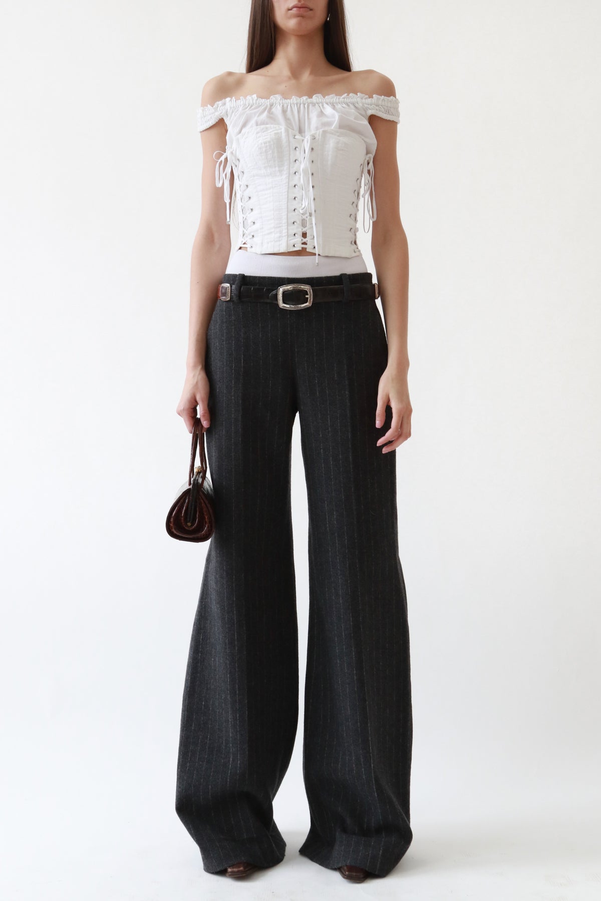 Grey Wool Pinstripe Wide-Leg Trousers