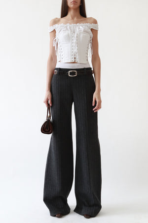 Grey Wool Pinstripe Wide-Leg Trousers