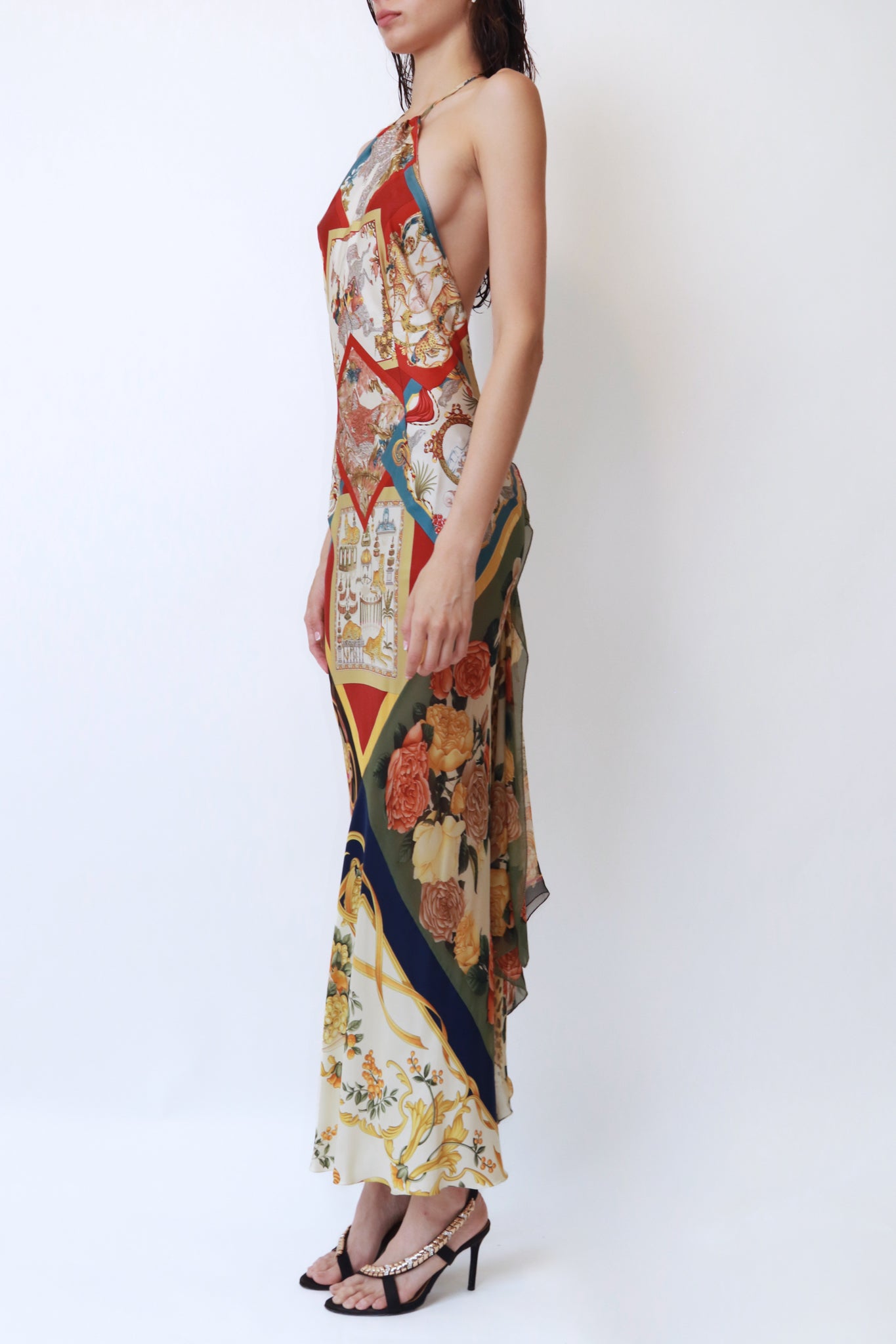 Vintage Runway Scarf-Print Silk Halter Gown