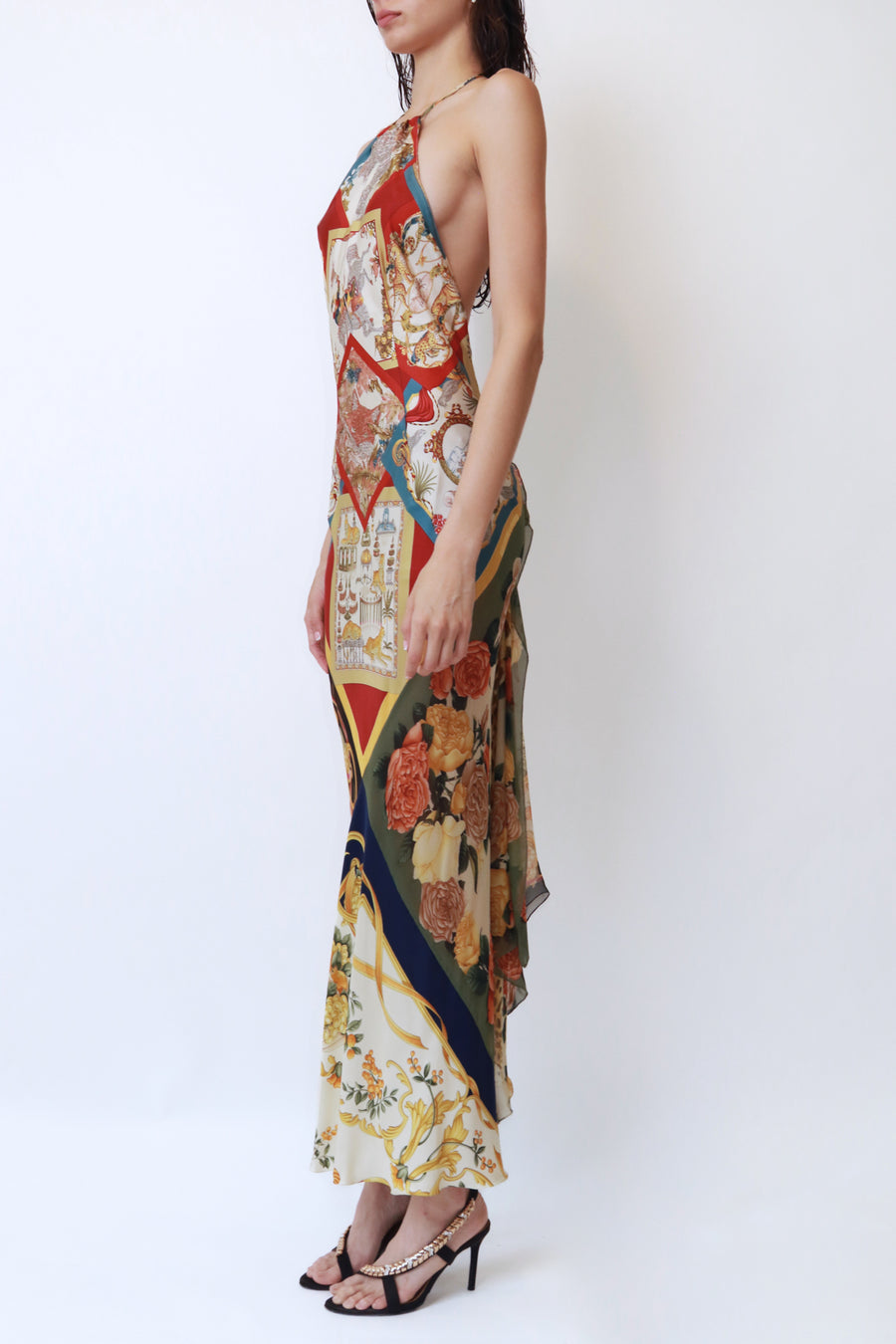Vintage Runway Scarf-Print Silk Halter Gown